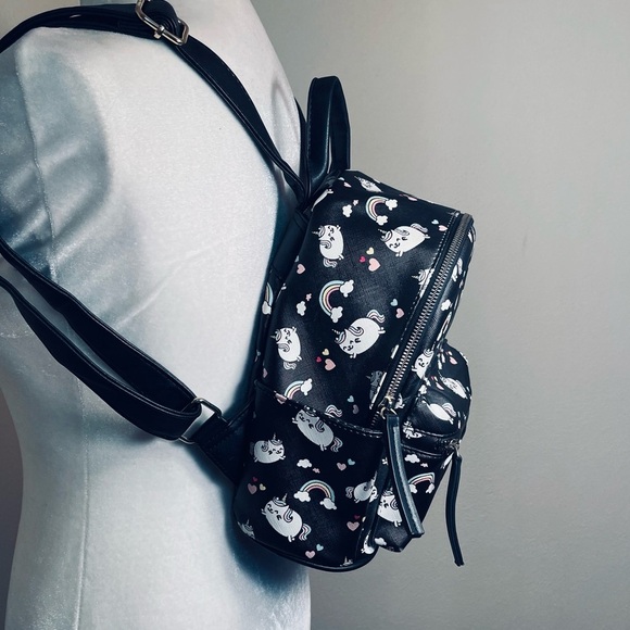 Unicorn And Rainbows Mini Vinyl Backpack Purse Bookbag With Pom Pom - Picture 2 of 10